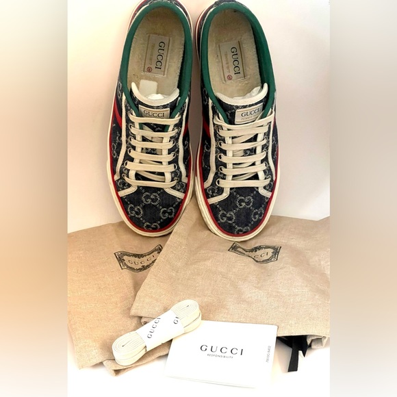 Gucci Tennis 1977 Webbing Trimmed Monogrammed Blue Denim Sneakers Size 8… - Picture 8 of 15